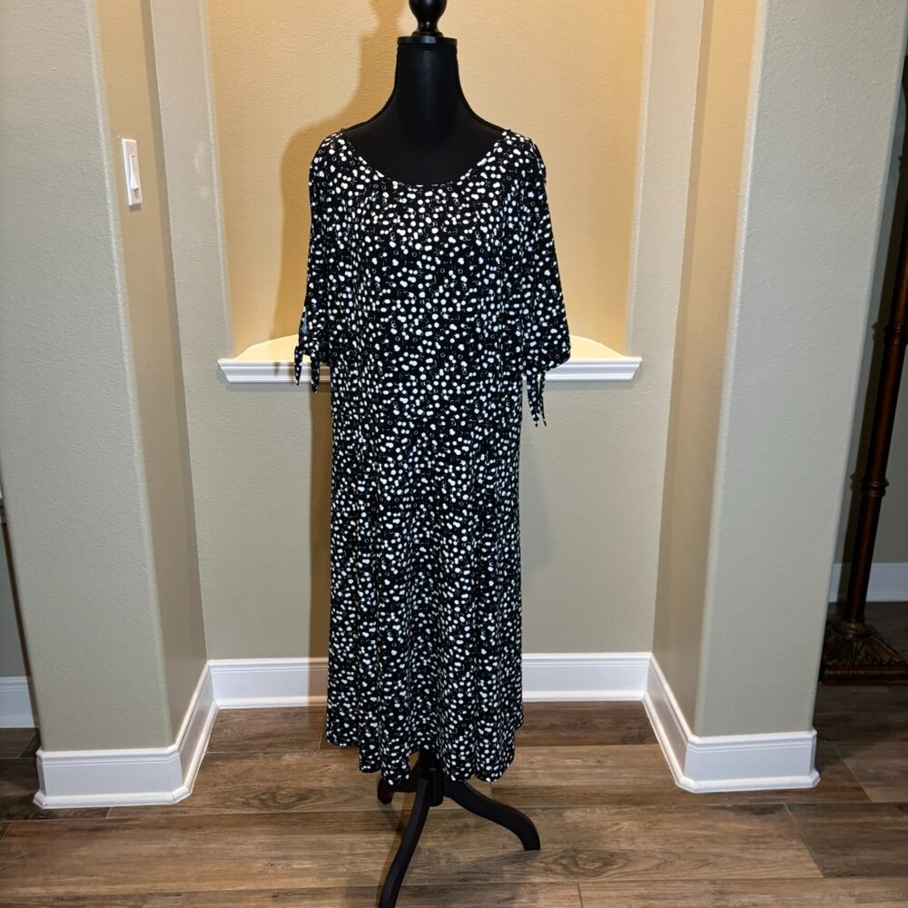 💜 Talbots Black with White Dots Bow Tie Sleeves Dress Size XL